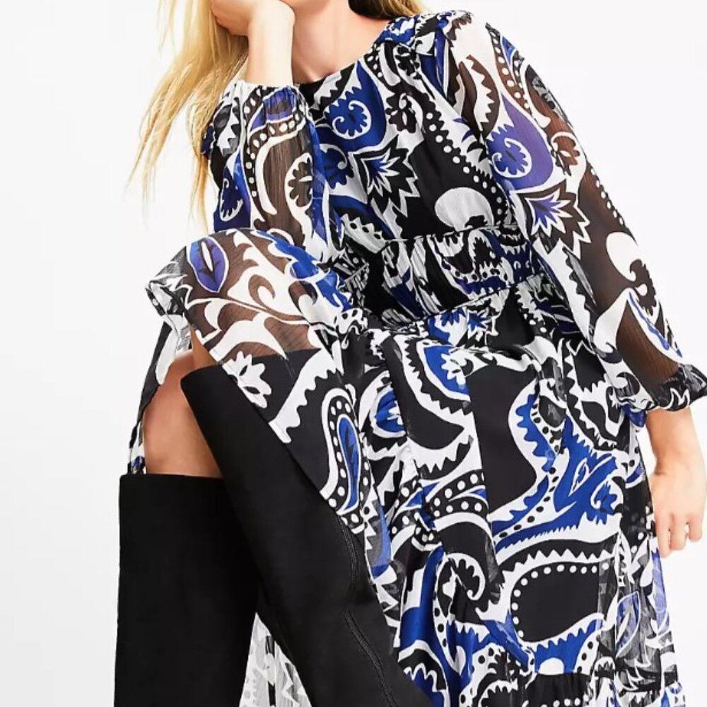 NWT Ann Taylor Loft Paisley Shirred Flounce Midi Dress, Size 6